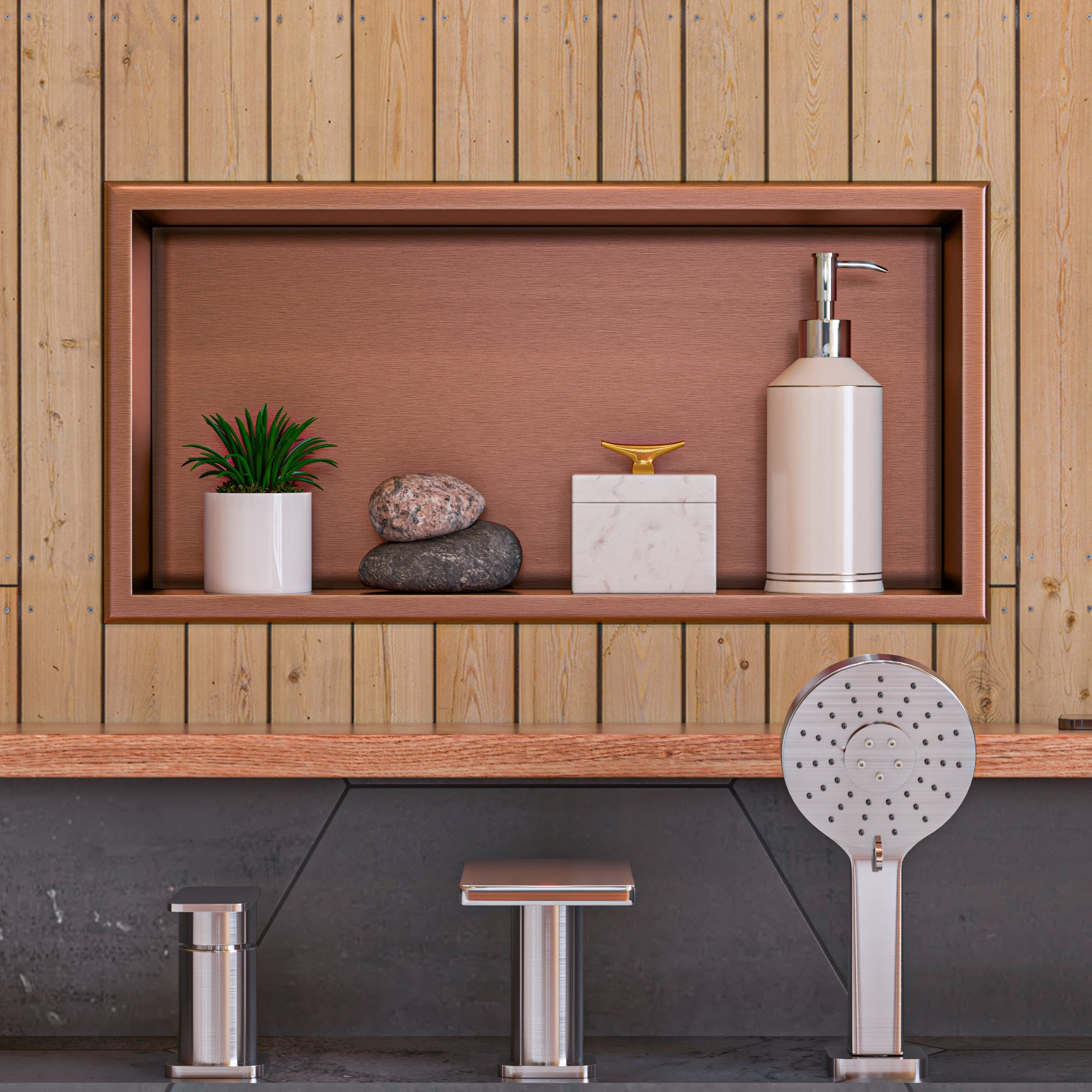 Alternate Image for ALFI brand ABNP2412-BC 24" x 12" Brushed Copper PVD Stainless Steel Horizontal Single Shelf Shower Niche, 20 Gauge