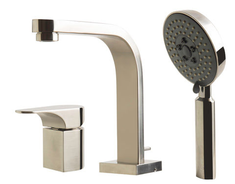 ALFI brand Brass, AB2703-BN Brushed Nickel Deck Mounted Tub Filler and Round Hand Held Shower Head