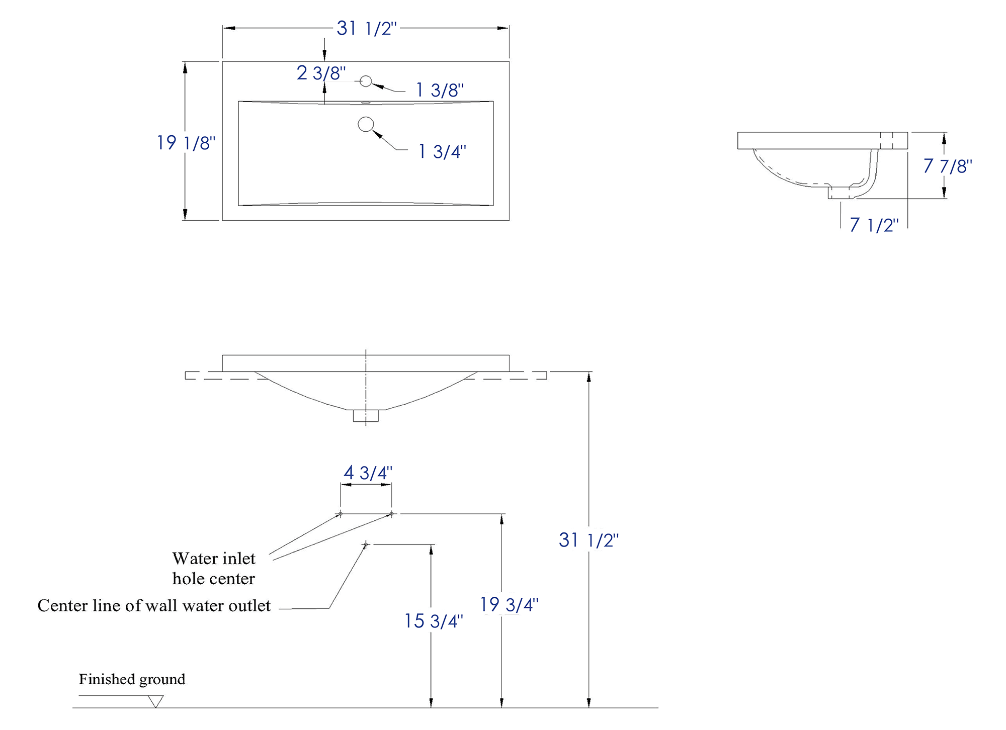 Eago 31.5" x 19.13" Rectangle Drop In Porcelain Bathroom Sink, White, 1 Faucet Hole, BH001