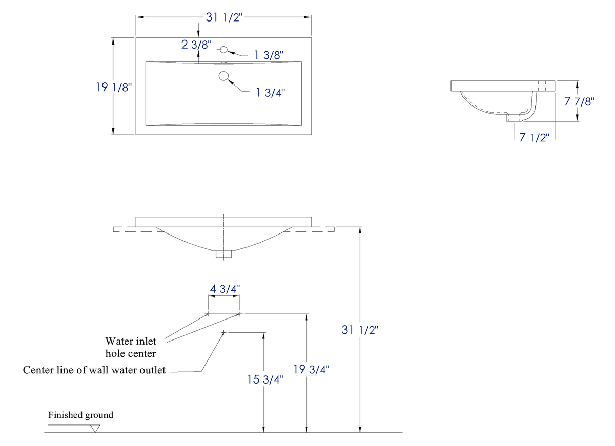 Alternate Image for Eago 31.5" x 19.13" Rectangle Drop In Porcelain Bathroom Sink, White, 1 Faucet Hole, BH001