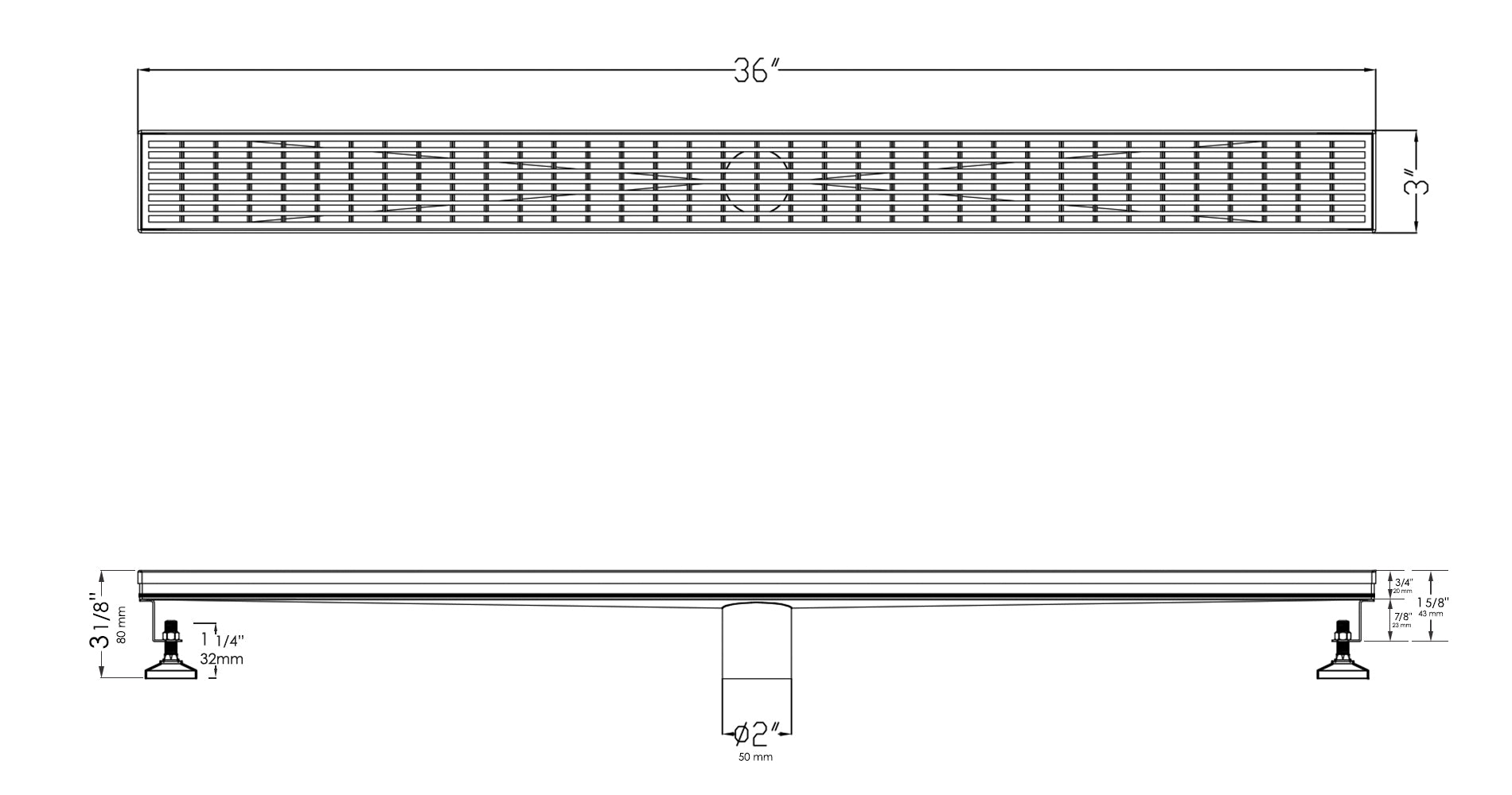 ALFI brand ABLD36D 36" Modern Stainless Steel Linear Shower Drain with Groove Lines, Grey