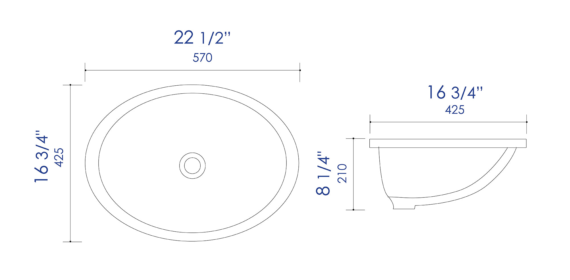 ALFI brand 22.5" x 16.75" Oval Under Mount Porcelain Bathroom Sink, White, No Faucet Hole, ABC602
