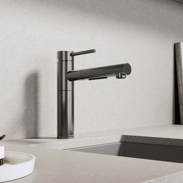 Blanco Alta II Low Arc Pull-Out Kitchen Faucet, Satin Dark Steel, 1.5