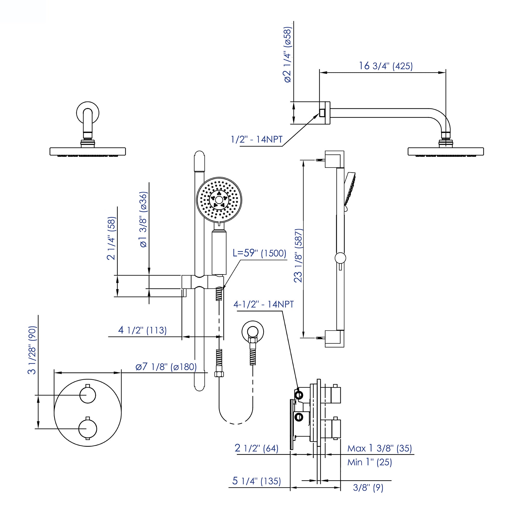 ALFI brand AB2545-BN Brushed Nickel Round Style 2 Way Thermostatic Shower Set, Brass