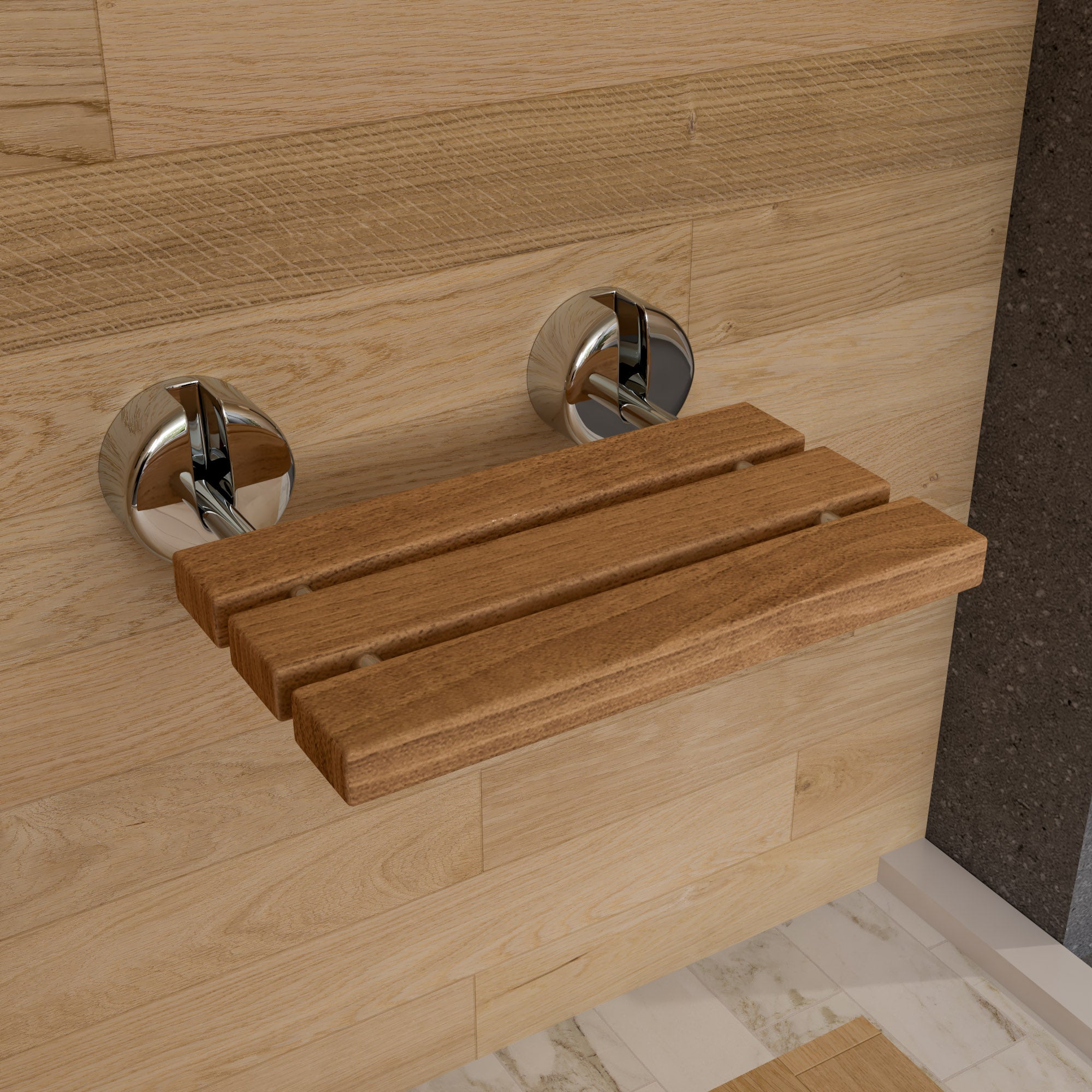 ALFI brand ABS16R-PC Polished Chrome 16" Folding Teak Wood Shower Seat Bench, Natural Wood