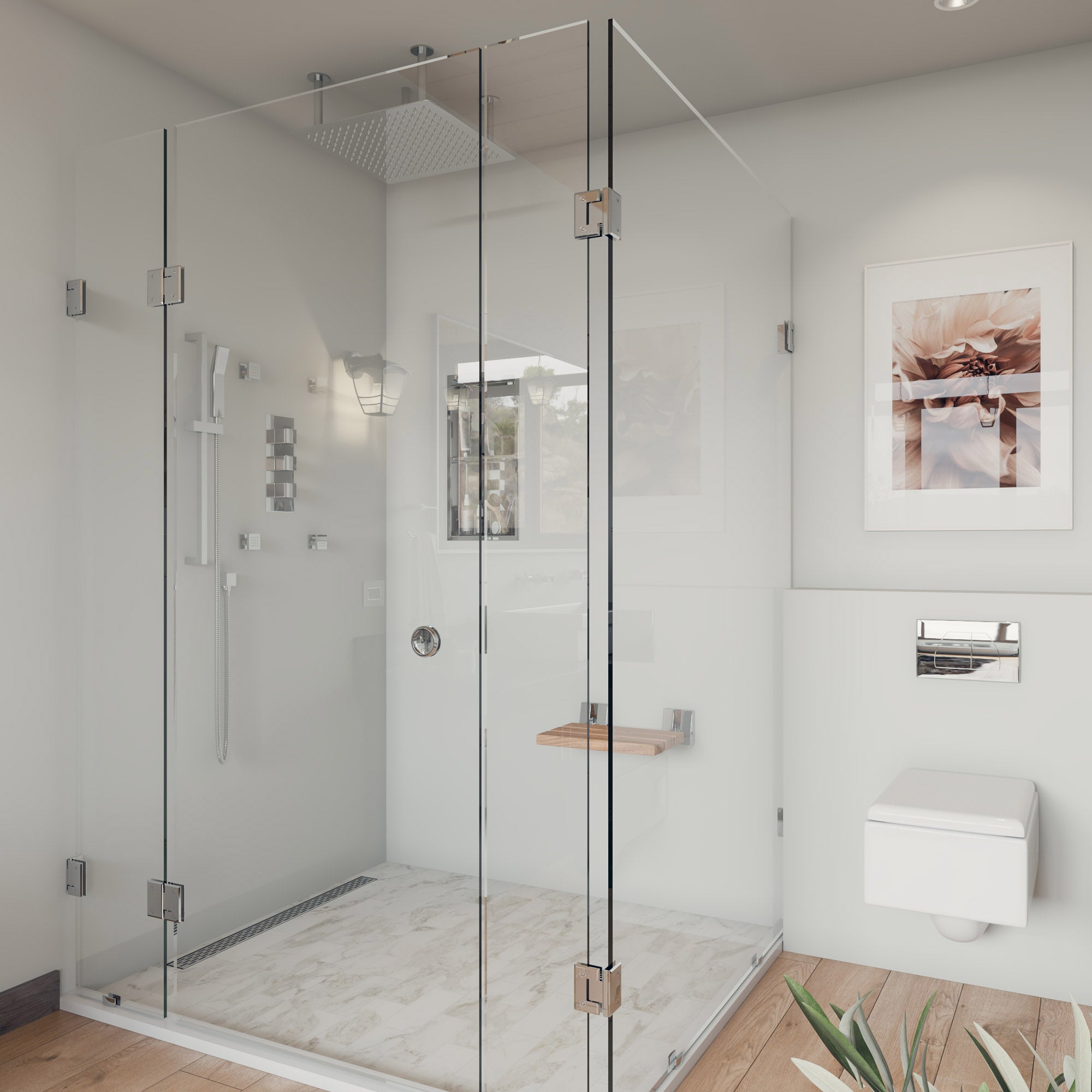 Alternate Image for ALFI brand ABS16S-PC Polished Chrome 16" Folding Teak Wood Shower Seat Bench, Natural Wood