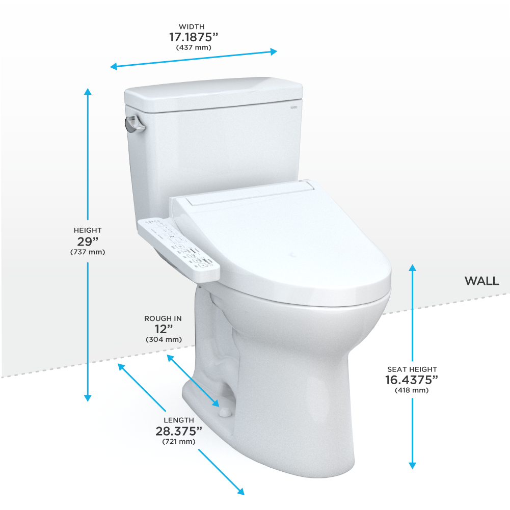 Alternate Image for TOTO Drake WASHLET+ Two-Piece Elongated 1.28 GPF TORNADO FLUSH Toilet with C2 Bidet Seat, Cotton White, Vitreous China, MW7763074CEG#01
