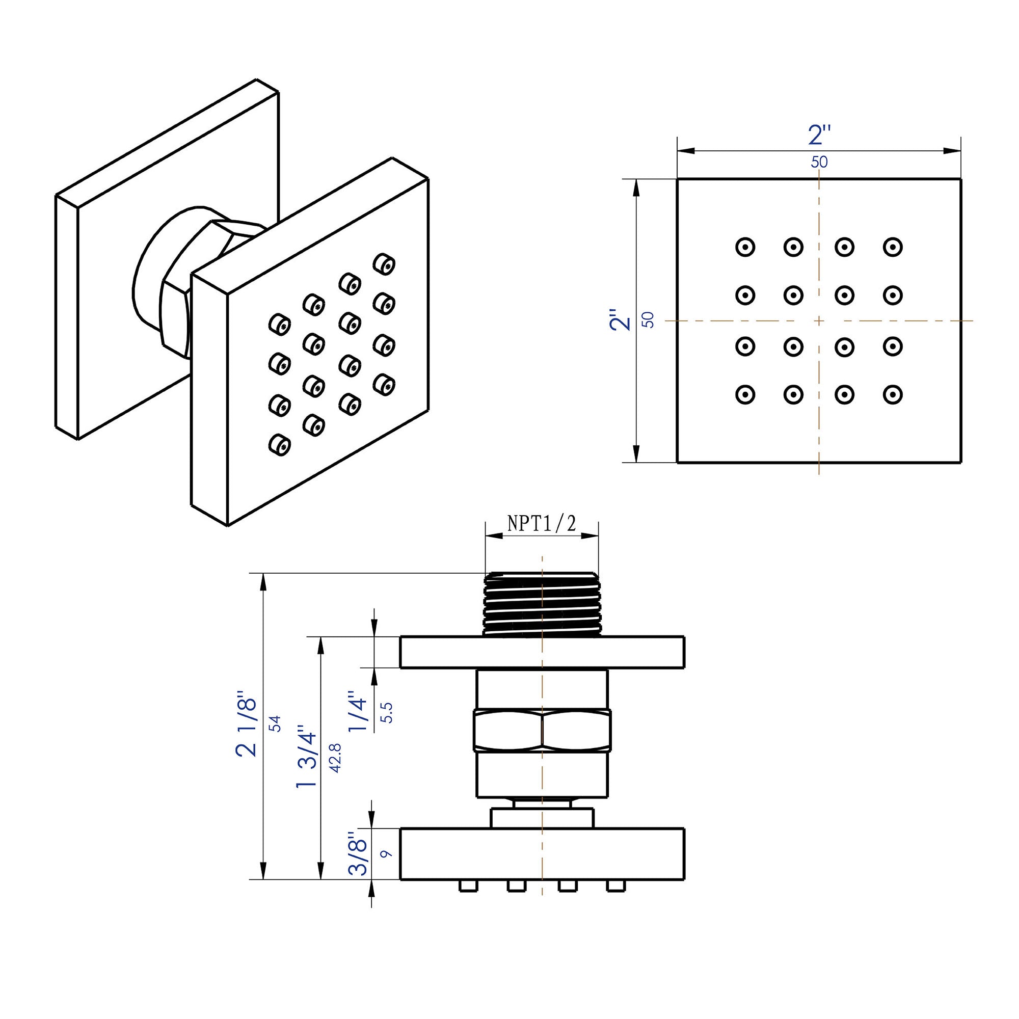 ALFI brand AB3820-BM Black Matte 2" Square Adjustable Shower Body Spray, Brass