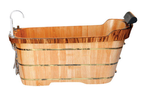 ALFI brand 59" Rubber Wood Free Standing Rectangle Bathtub with Chrome Tub Filler, Natural Wood, AB1148