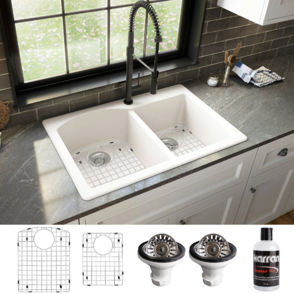 Karran 33" Drop In/Topmount Quartz Composite Kitchen Sink, 60/40 Double Bowl, White, QT-610-WH-PK1