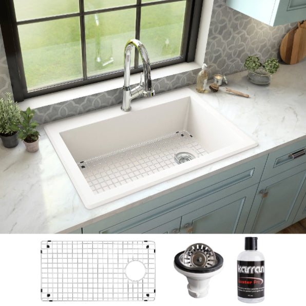 Karran 33" Drop In/Topmount Quartz Composite Kitchen Sink, White, QT-670-WH-PK1
