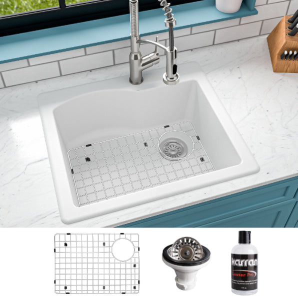 Karran 25" Drop In/Topmount Quartz Composite Kitchen Sink, White, QT-671-WH-PK1
