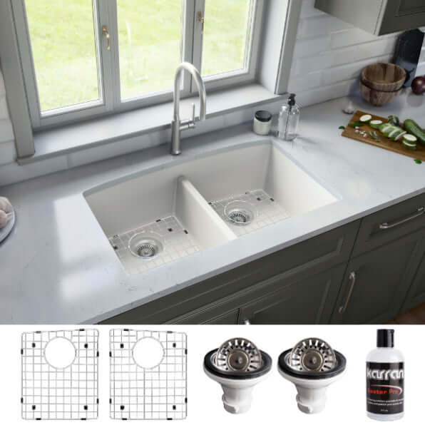 Alternate Image for Karran 33" Undermount Quartz Composite Kitchen Sink, 50/50 Double Bowl, White, QU-710-WH-PK1