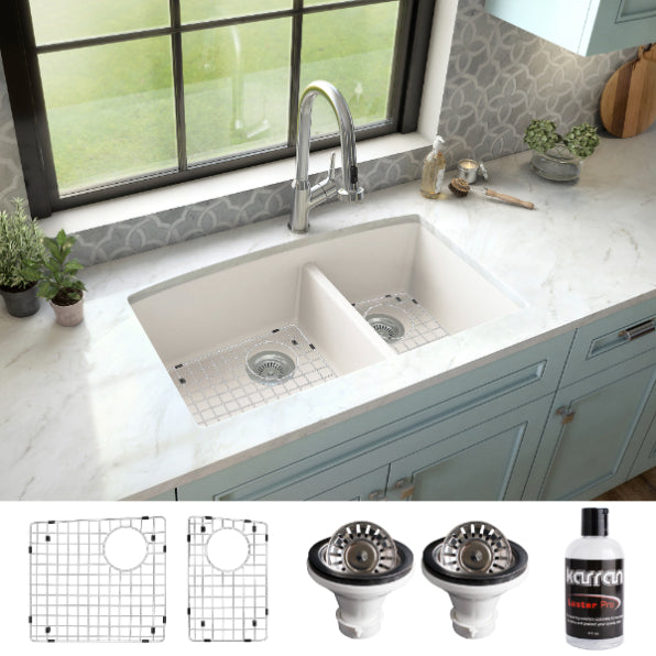 Karran 32" Undermount Quartz Composite Kitchen Sink, 60/40 Double Bowl, White, QU-711-WH-PK1