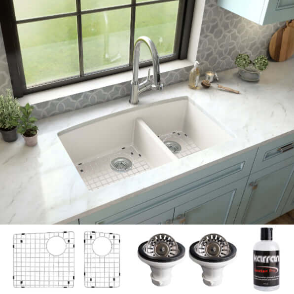 Alternate Image for Karran 32" Undermount Quartz Composite Kitchen Sink, 60/40 Double Bowl, White, QU-711-WH-PK1