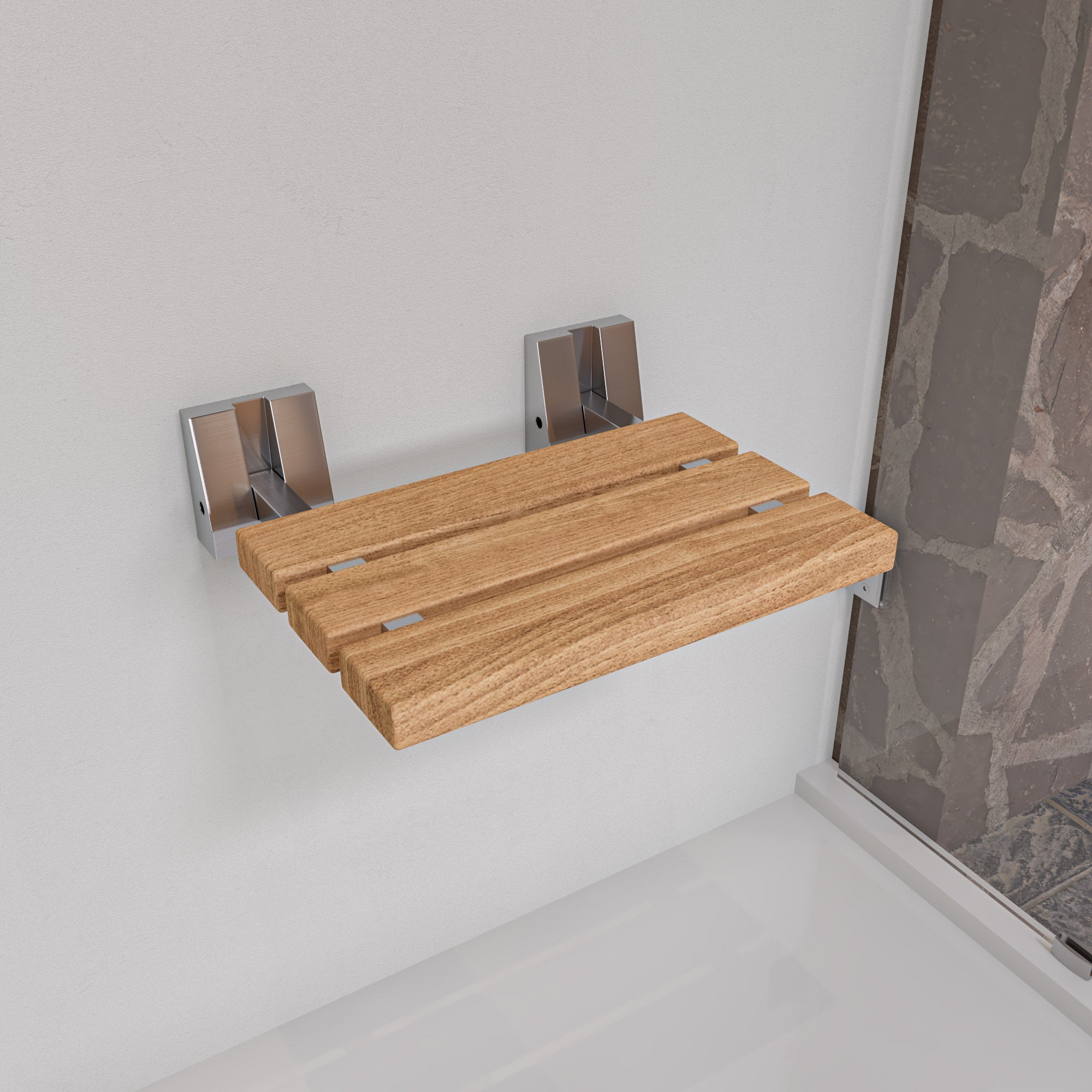 ALFI brand ABS16S-BN Brushed Nickel 16" Folding Teak Wood Shower Seat Bench, Natural Wood