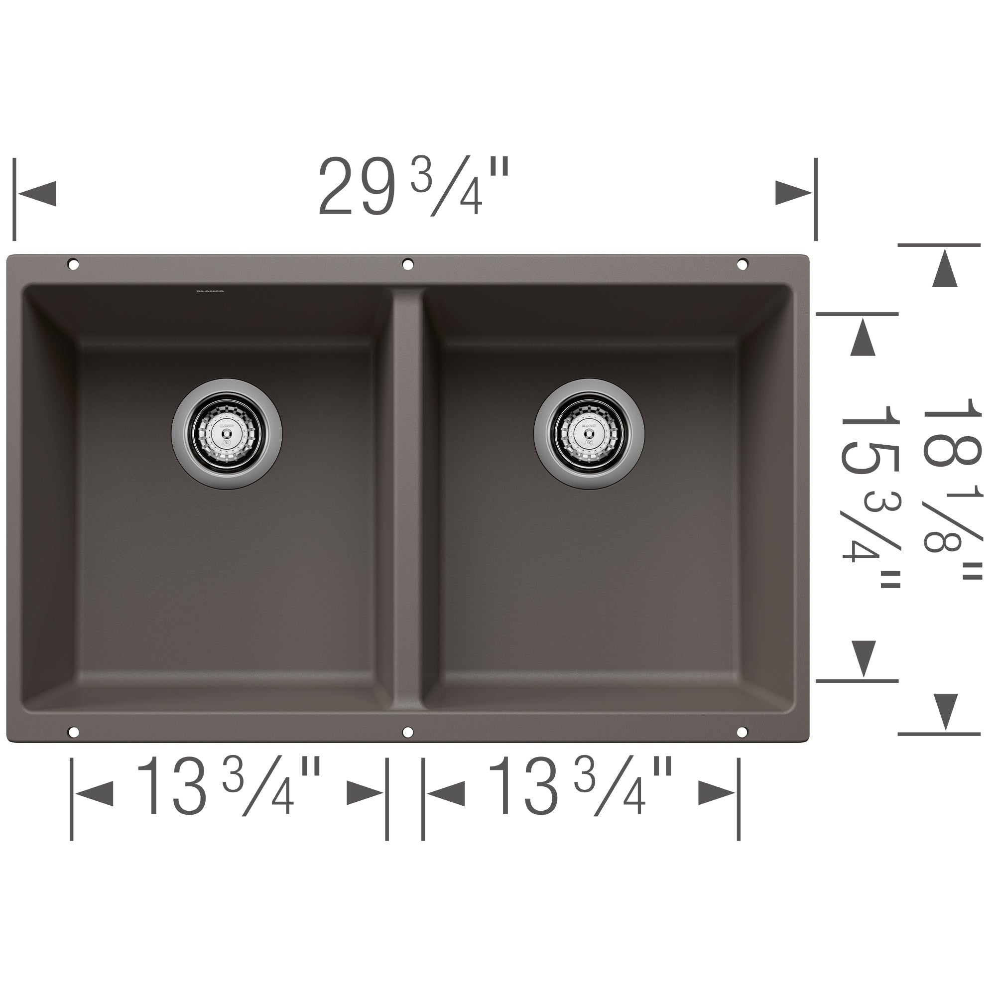 Blanco Precis 30" Undermount Silgranit Kitchen Sink, 50/50 Double Bowl, Volcano Gray, No Faucet Hole, 527410