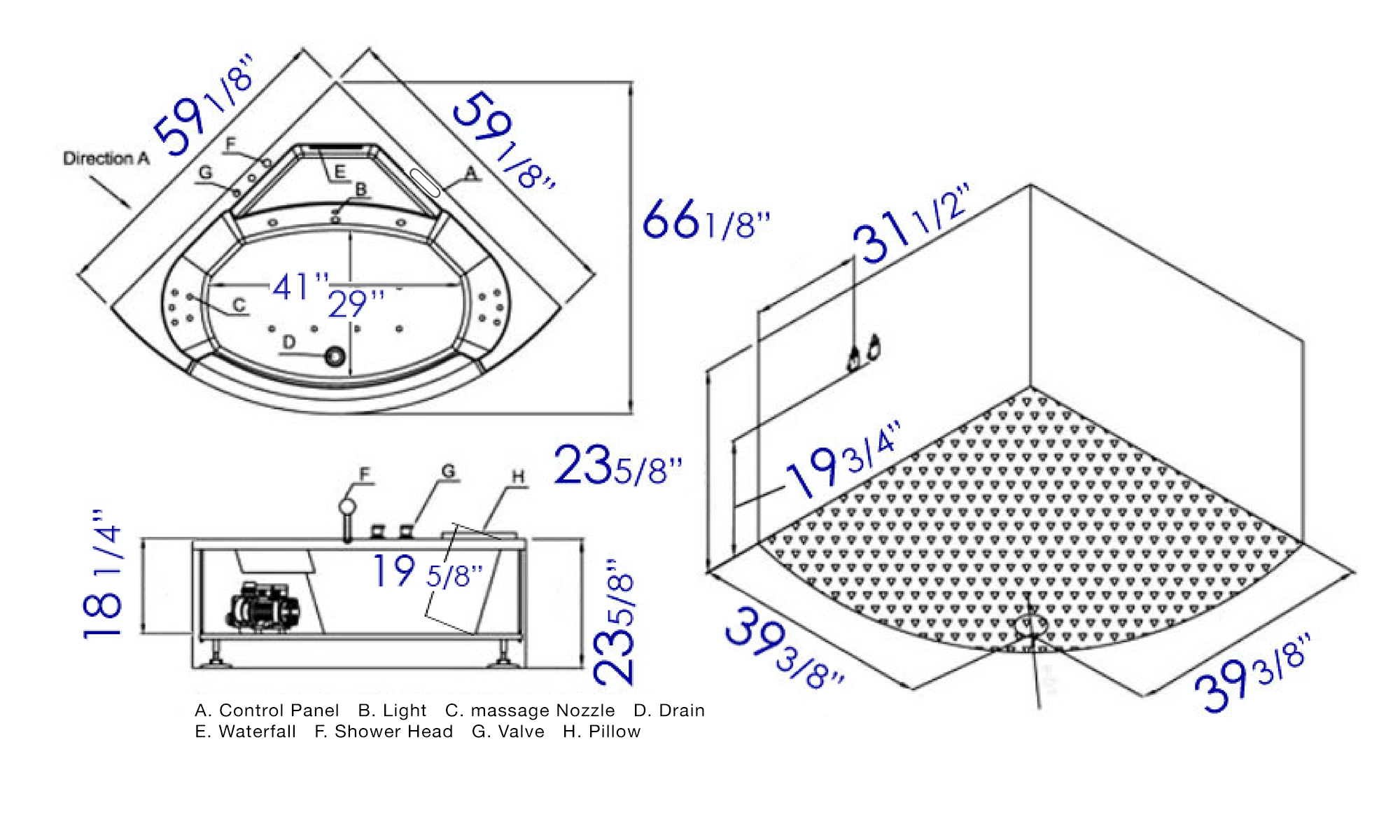 Alternate Image for Eago 59" Acrylic Corner Neo-angle Round Bathtub, White, AM197ETL