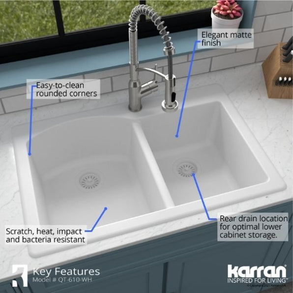 Alternate Image for Karran 33" Drop In/Topmount Quartz Composite Kitchen Sink, 60/40 Double Bowl, White, QT-610-WH-PK1