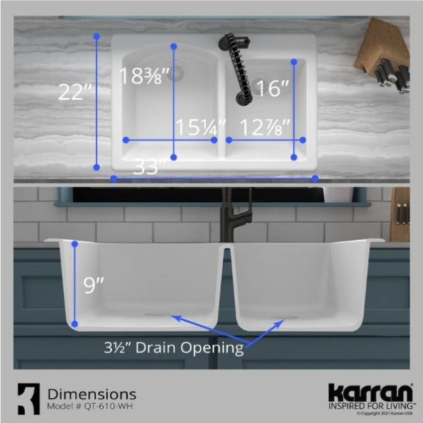 Alternate Image for Karran 33" Drop In/Topmount Quartz Composite Kitchen Sink, 60/40 Double Bowl, White, QT-610-WH-PK1