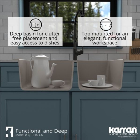 Alternate Image for Karran 33" Drop In/Topmount Quartz Composite Kitchen Sink, 60/40 Double Bowl, Concrete, QT-610-CN