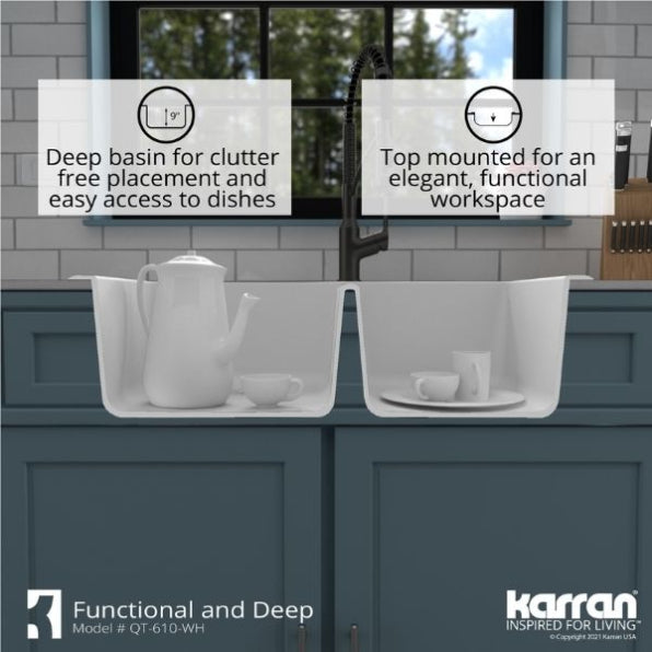 Alternate Image for Karran 33" Drop In/Topmount Quartz Composite Kitchen Sink, 60/40 Double Bowl, White, QT-610-WH