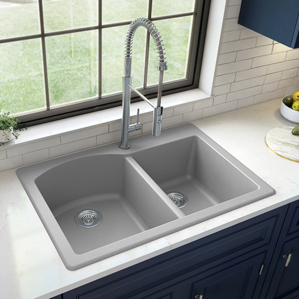 Alternate Image for Karran 33" Drop In/Topmount Quartz Composite Kitchen Sink, 60/40 Double Bowl, Grey, QT-610-GR