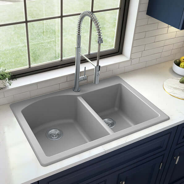 Alternate Image for Karran 33" Drop In/Topmount Quartz Composite Kitchen Sink, 60/40 Double Bowl, Grey, QT-610-GR-PK1
