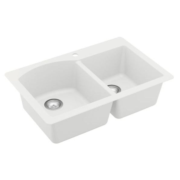 Karran 33" Drop In/Topmount Quartz Composite Kitchen Sink, 60/40 Double Bowl, White, QT-610-WH