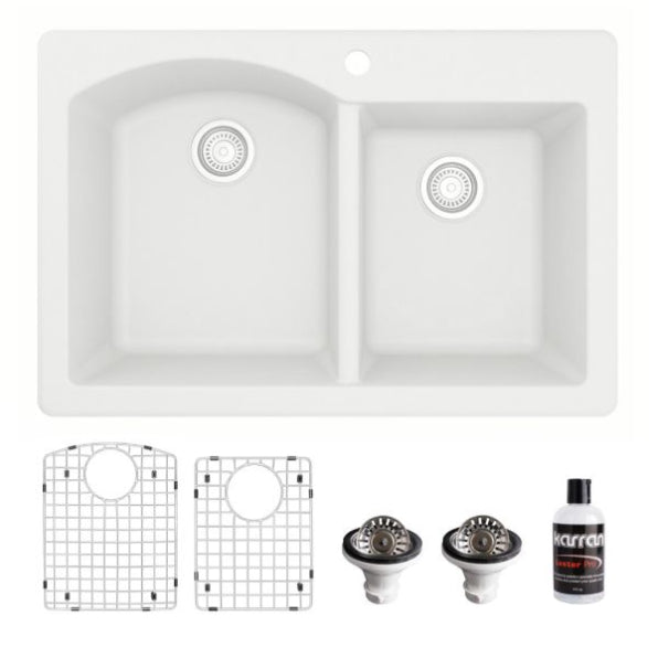 Karran 33" Drop In/Topmount Quartz Composite Kitchen Sink, 60/40 Double Bowl, White, QT-610-WH-PK1