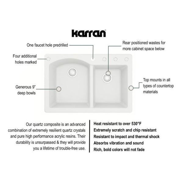 Alternate Image for Karran 33" Drop In/Topmount Quartz Composite Kitchen Sink, 60/40 Double Bowl, White, QT-610-WH-PK1