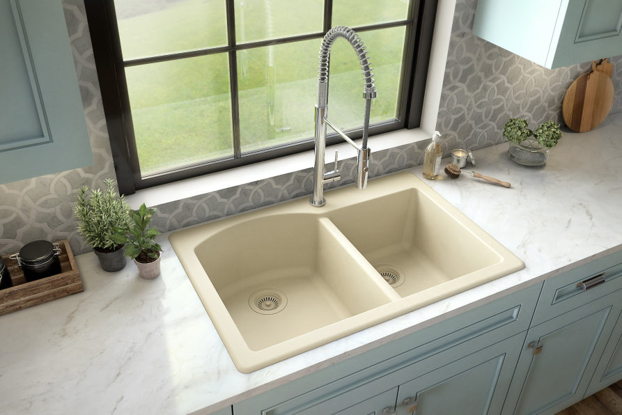 Karran 33" Drop In/Topmount Quartz Composite Kitchen Sink, 60/40 Double Bowl, Bisque, QT-610-BI-PK1