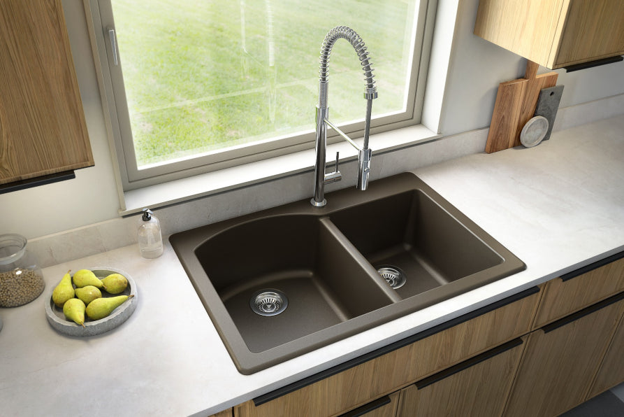 Alternate Image for Karran 33" Drop In/Topmount Quartz Composite Kitchen Sink, 60/40 Double Bowl, Brown, QT-610-BR