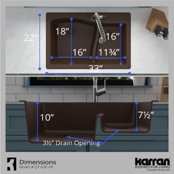 Alternate Image for Karran 33" Drop In/Topmount Quartz Composite Kitchen Sink, 60/40 Double Bowl, Brown, QT-630-BR