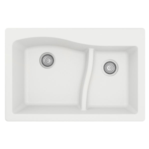 Karran 33" Drop In/Topmount Quartz Composite Kitchen Sink, 60/40 Double Bowl, White, QT-630-WH