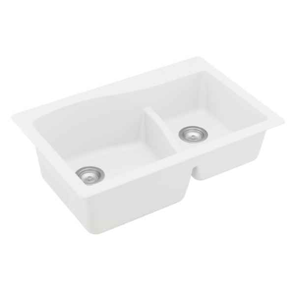 Karran 33" Drop In/Topmount Quartz Composite Kitchen Sink, 60/40 Double Bowl, White, QT-630-WH