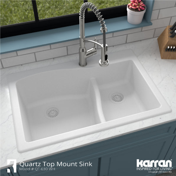 Alternate Image for Karran 33" Drop In/Topmount Quartz Composite Kitchen Sink, 60/40 Double Bowl, White, QT-630-WH