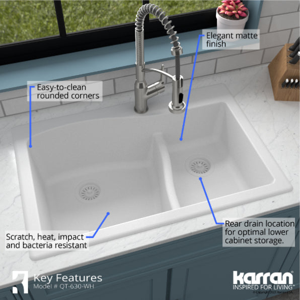 Alternate Image for Karran 33" Drop In/Topmount Quartz Composite Kitchen Sink, 60/40 Double Bowl, White, QT-630-WH