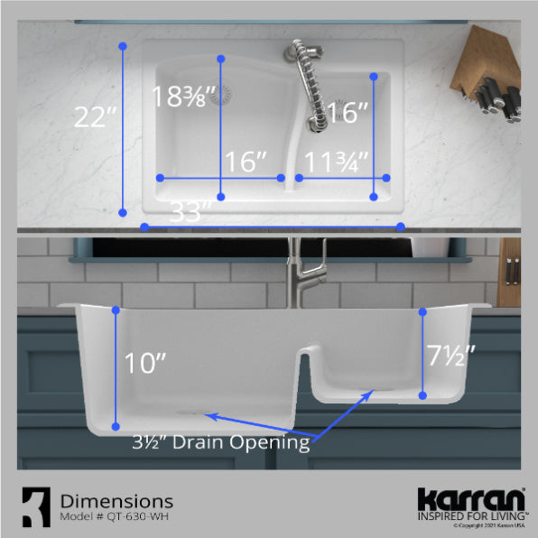 Alternate Image for Karran 33" Drop In/Topmount Quartz Composite Kitchen Sink, 60/40 Double Bowl, White, QT-630-WH