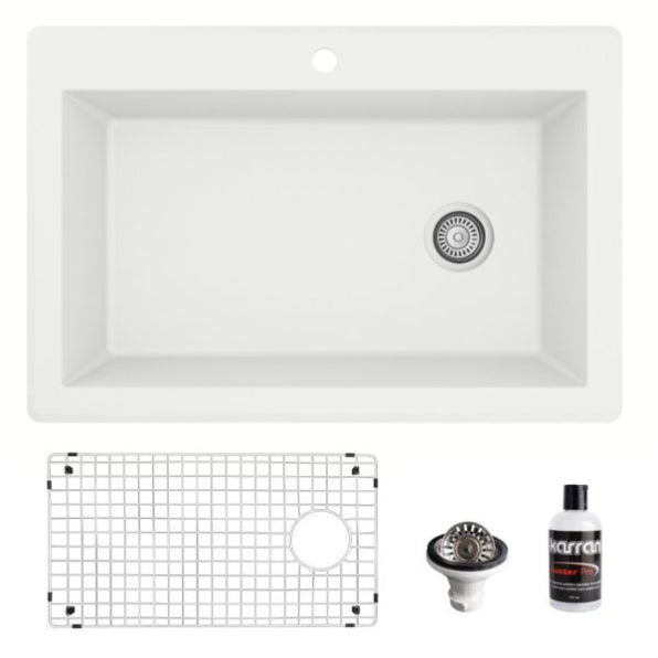 Karran 33" Drop In/Topmount Quartz Composite Kitchen Sink, White, QT-670-WH-PK1