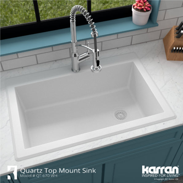 Alternate Image for Karran 33" Drop In/Topmount Quartz Composite Kitchen Sink, White, QT-670-WH-PK1