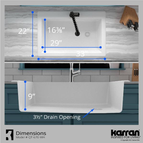Alternate Image for Karran 33" Drop In/Topmount Quartz Composite Kitchen Sink, White, QT-670-WH-PK1