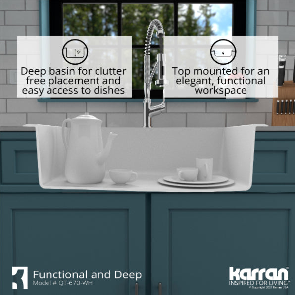 Alternate Image for Karran 33" Drop In/Topmount Quartz Composite Kitchen Sink, White, QT-670-WH-PK1