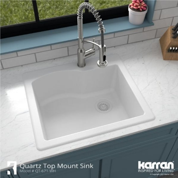 Alternate Image for Karran 25" Drop In/Topmount Quartz Composite Kitchen Sink, White, QT-671-WH-PK1