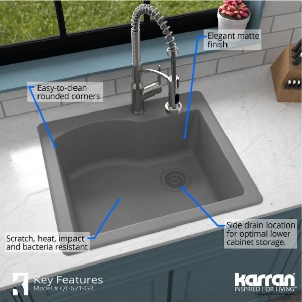 Alternate Image for Karran 25" Drop In/Topmount Quartz Composite Kitchen Sink, Grey, QT-671-GR