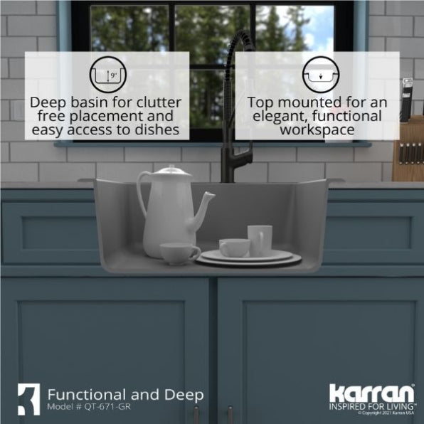 Alternate Image for Karran 25" Drop In/Topmount Quartz Composite Kitchen Sink, Grey, QT-671-GR
