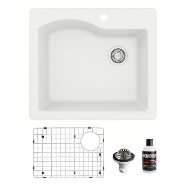 Karran 25" Drop In/Topmount Quartz Composite Kitchen Sink, White, QT-671-WH-PK1