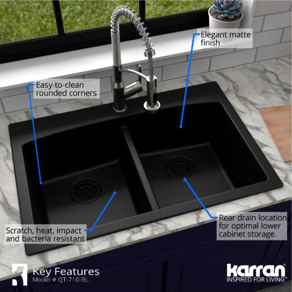 Alternate Image for Karran 33" Drop In/Topmount Quartz Composite Kitchen Sink, 50/50 Double Bowl, Black, QT-710-BL-PK1