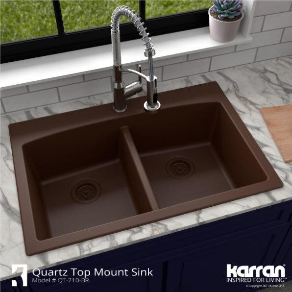 Alternate Image for Karran 33" Drop In/Topmount Quartz Composite Kitchen Sink, 50/50 Double Bowl, Brown, QT-710-BR