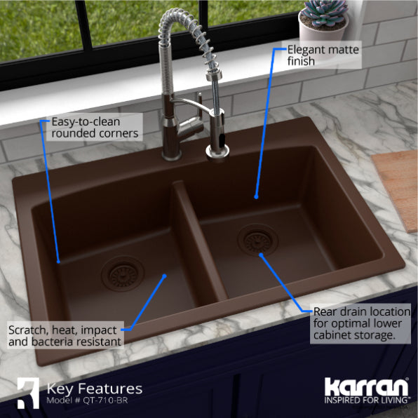 Alternate Image for Karran 33" Drop In/Topmount Quartz Composite Kitchen Sink, 50/50 Double Bowl, Brown, QT-710-BR-PK1